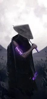 Mystical samurai standing under a full moon with neon purple accents.