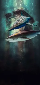 Two sharks swim gracefully through ancient underwater ruins in dark aqua hues.