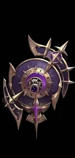 Mystic shield with purple and gold details on a black background wallpaper.