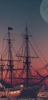 Sailing ship silhouetted against sunset with moon.