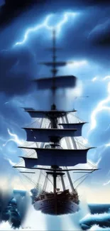 A ship sails dramatically through stormy seas with lightning strikes on a phone wallpaper.