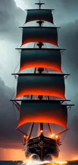 Dynamic ship with orange sails against stormy sky.