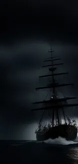 A ship sailing on dark, mysterious seas under a dimly lit sky.