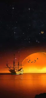 Mystic ship sails under a starry sky at sunset.