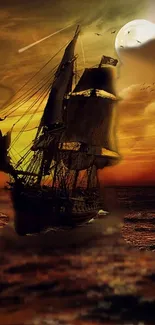 Pirate ship sails under an orange sunset with a full moon.