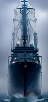 Mystic ship emerges from dense fog on a dark ocean.