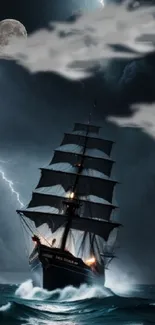 A ship sails through stormy seas under a moonlit sky, creating a dramatic scene.