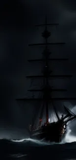 Mystic ship sailing stormy seas at night with dark, moody clouds overhead.