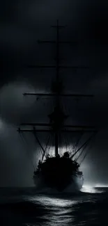 A mysterious ship sails through a dark, stormy night on the ocean.