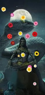 Lord Shiva with serpent and flowers under full moon.