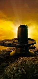 Shivling silhouette set against a golden sunset on rocky terrain.