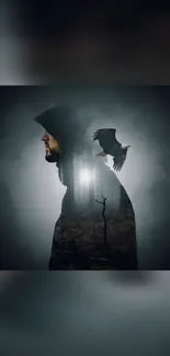 Hooded silhouette with an eagle in a mystical forest background.