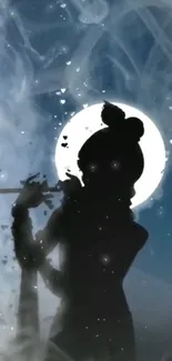 Mystic silhouette of a musician against a moonlit background with ethereal smoke.