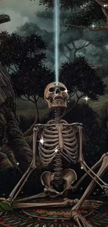 Skeleton meditates under trees in dark forest art.