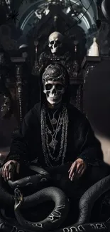 Mysterious skull figure with serpents in dark gothic setting.