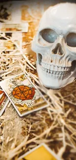 Skull and tarot cards on a mystical background.