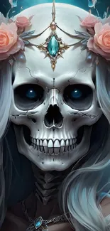 Ethereal skull with jewels and roses, dark cyan theme.