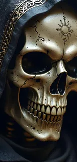 Mystic skull with ornate design and metallic finish in dark tones.