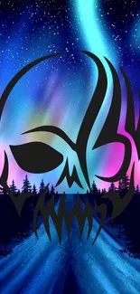 Mystic skull silhouette on colorful aurora background, featuring a starry sky.