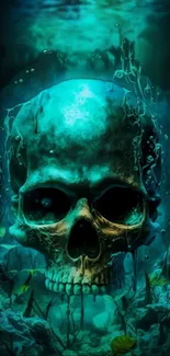 Mystic skull with turquoise glow underwater.