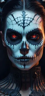 Haunting skull face Halloween wallpaper with red eyes and gothic art style.