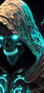 Hooded skull with glowing neon blue eyes and patterns on a dark background.