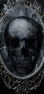 Gothic skull in an ornate mirror with smoke effects.