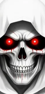 Mystical skull with red eyes in a white hood for mobile wallpaper.