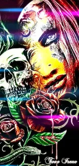 Mystic skull and rose art wallpaper with vibrant colors and an enigmatic face design.