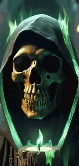 Hooded skull with green flames and candles.