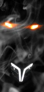 Glowing mask emerges from smoke with bright eyes on dark background.