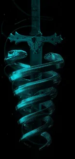 Teal snake spirals around an ornate sword on black wallpaper.