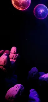 A mystical wallpaper with glowing planets over rock formations at night.