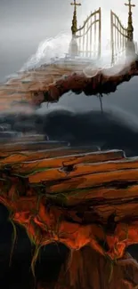 Mystical stairway to heaven with golden gate enveloped in clouds.