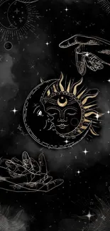 Mystic sun and moon design wallpaper with celestial elements.