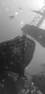 Grayscale wallpaper of a sunken shipwreck underwater.