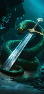 A serpent entwined around a sword in a mystical underwater setting.