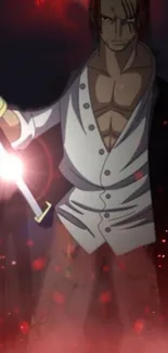 Anime hero wielding a glowing sword in a dark scene.