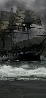 Tall ship sailing through stormy seas with dark clouds.