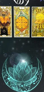 Mystic tarot card wallpaper with teal lotus design.