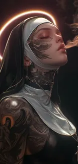 Mystical nun with tattoos and glowing halo in fantasy art style.