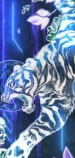 Artistic tiger in blue and purple amidst lush greenery.