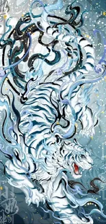 Mystic tiger artwork with blue and white abstract design for mobile wallpaper.