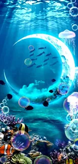 Mystical underwater scene with moon and colorful marine life.