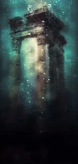 Underwater temple surrounded by aquamarine glow and ancient mystery.