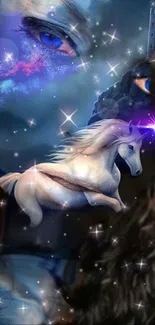 Enchanting unicorn amid cosmic fantasy backdrop.