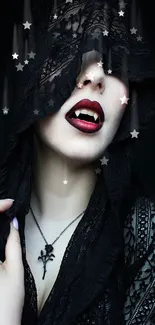 Vampire with lace hood and red lips mobile wallpaper.