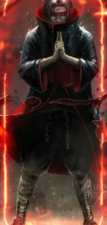 Mystic anime warrior in black and red attire, set against a dramatic backdrop.