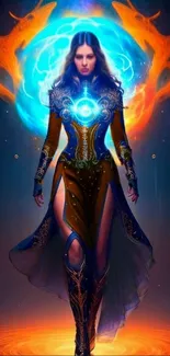 Mystic female warrior in a fantasy realm with glowing blue and orange hues.