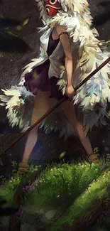 Mystical warrior stands in a lush, enchanted forest setting.